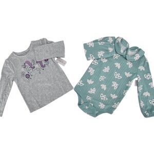 Garanimals Top Bodysuit Set Girls 2T 24M Grey Green Unicorn Bird Ribbed NEW
